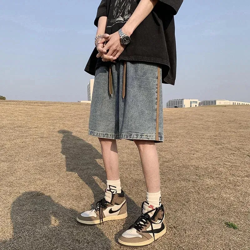 Threebooy  Side Striped Denim Shorts Men Wide Leg Baggy Drawstring Mid-waist Summer Fitness Handsome Slouchy Knee Length Japanese Style