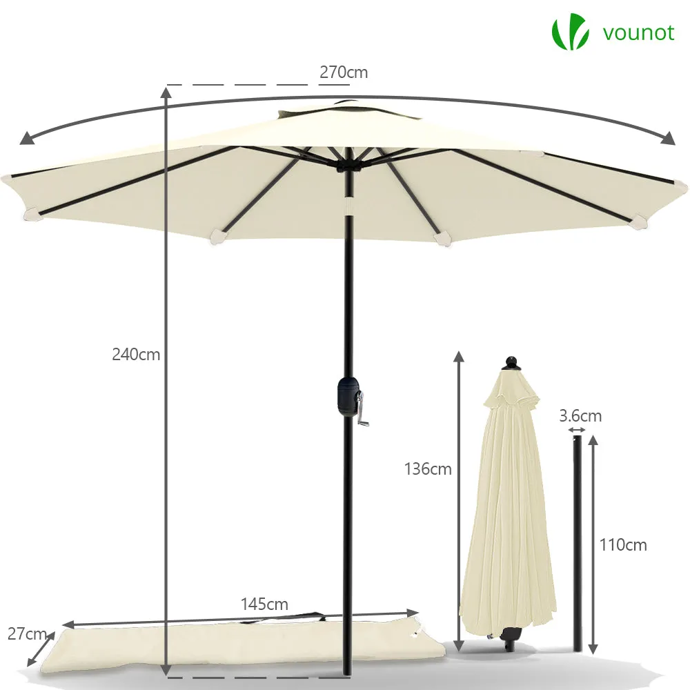 VOUNOT 2.7m Garden Parasol, Sunshade Patio Outdoor Tilting Umbrella with Crank Handle and Cover, Beige