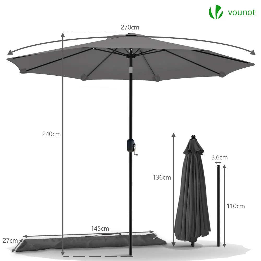 VOUNOT 2.7m Garden Parasol, Sunshade Patio Outdoor Tilting Umbrella with Crank Handle and Cover, Grey