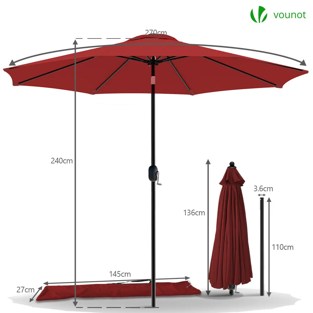 VOUNOT 2.7m Garden Parasol, Sunshade Patio Outdoor Tilting Umbrella with Crank Handle and Cover, Red