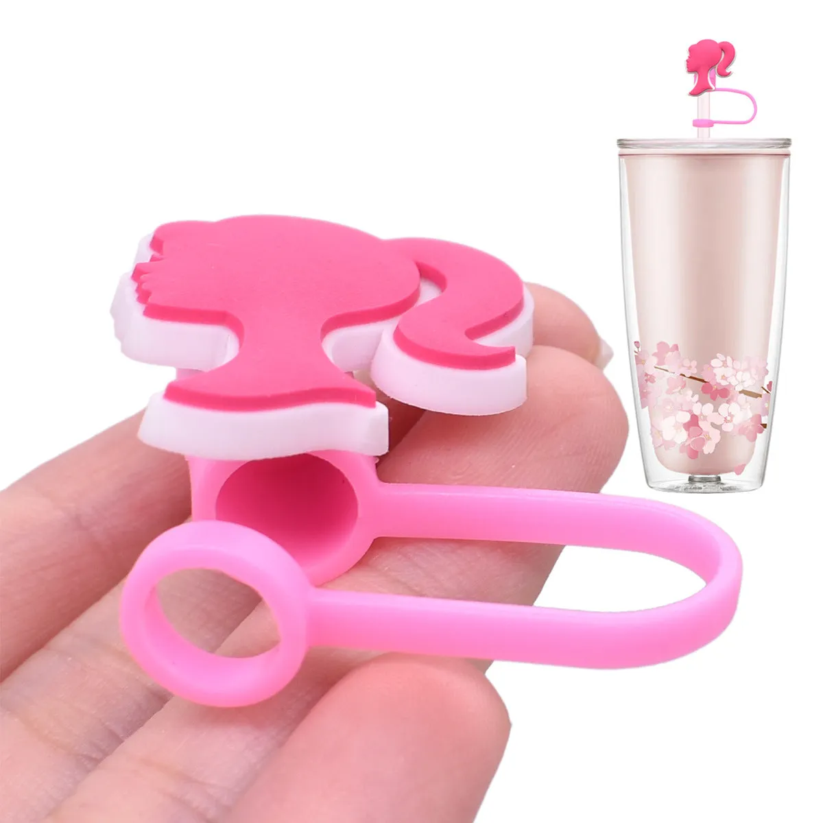 Wholesale 100pcs Pink Girl Cartoon Soft Rubber Straw Tube Cap