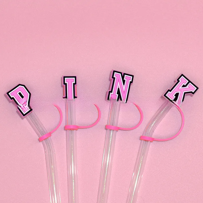 Wholesale 10MM Pink English Letter DIY Decoration Accessories Straw Sleeve Silicone Dust Plug